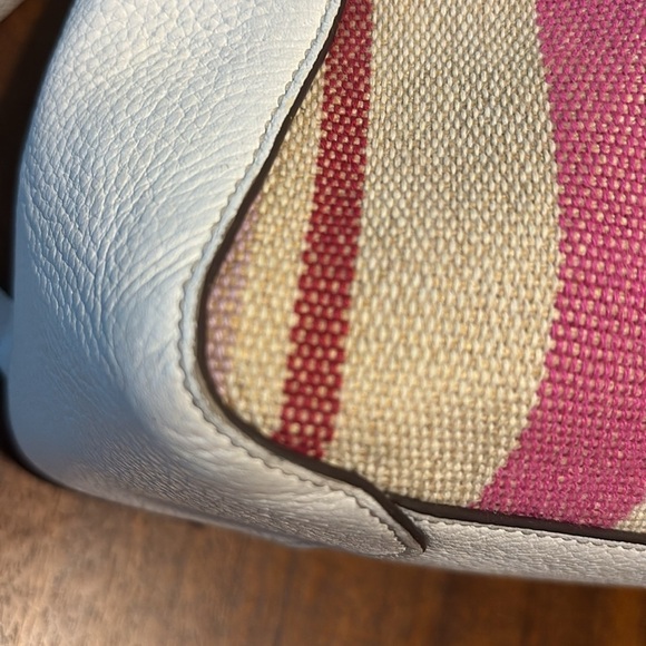 Kate Spade. Backpackl  Small  striped tweed.  White leather  Pocket in flap EUC. main image 7